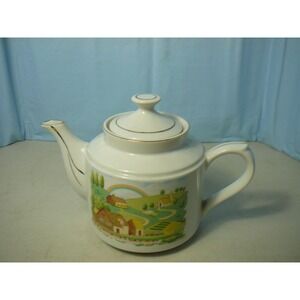 Vintage Ceramic Farmland Rainbow Tea Pot China  with Gold Trim